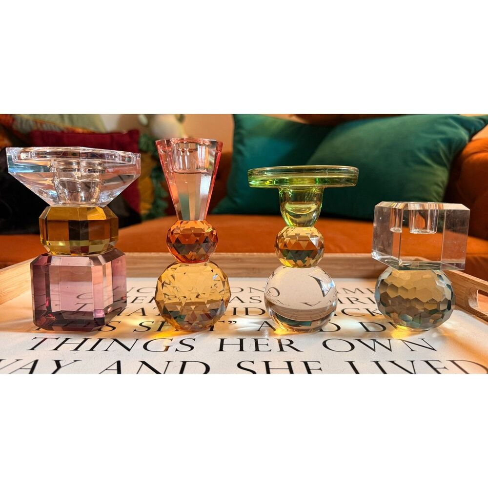 Anthropologie Set 4 Modern Cut Glass Faceted Crystal Taper Candle Holders